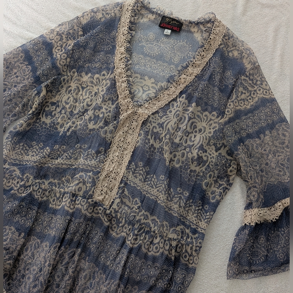 Johnny Was Blue and Cream Lace Mesh Maxi Dress